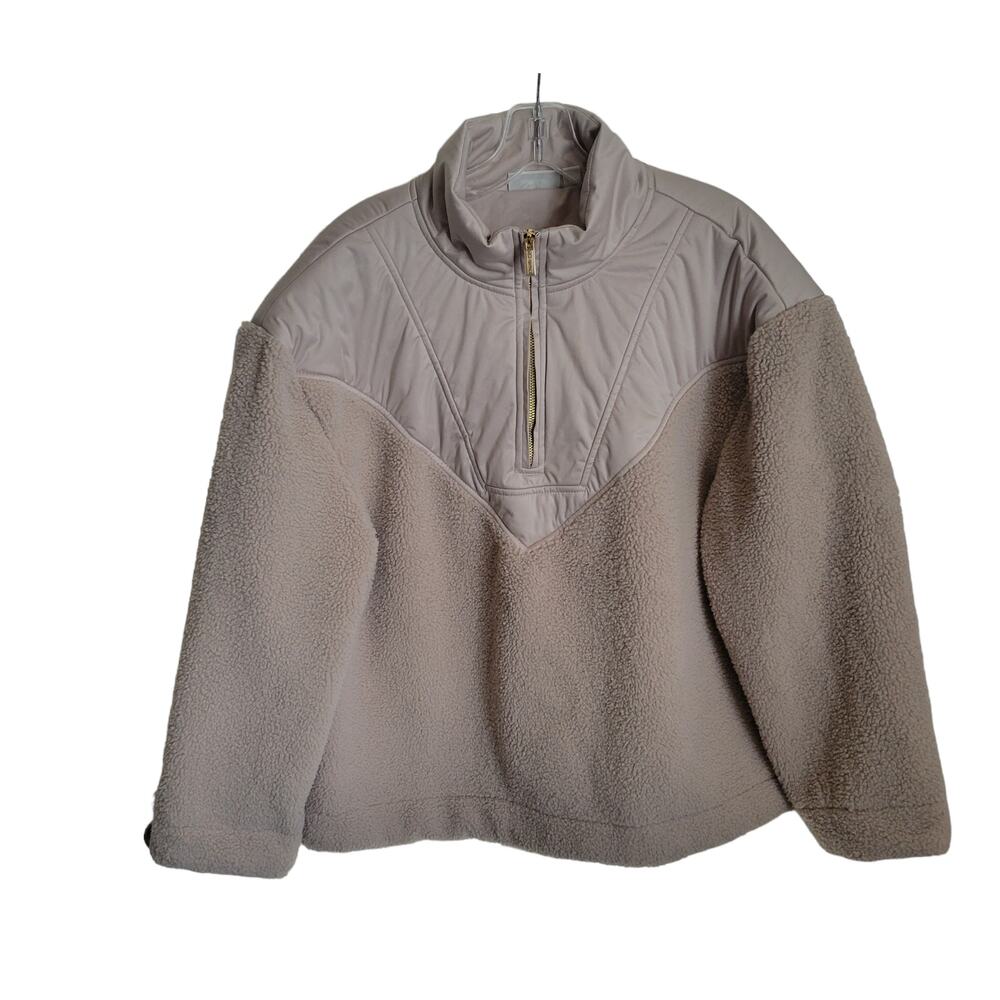 Sherpa Pullover Women XL Style & Co Tan‎ Neutral Mixed Media Quilted Cozy Fleece